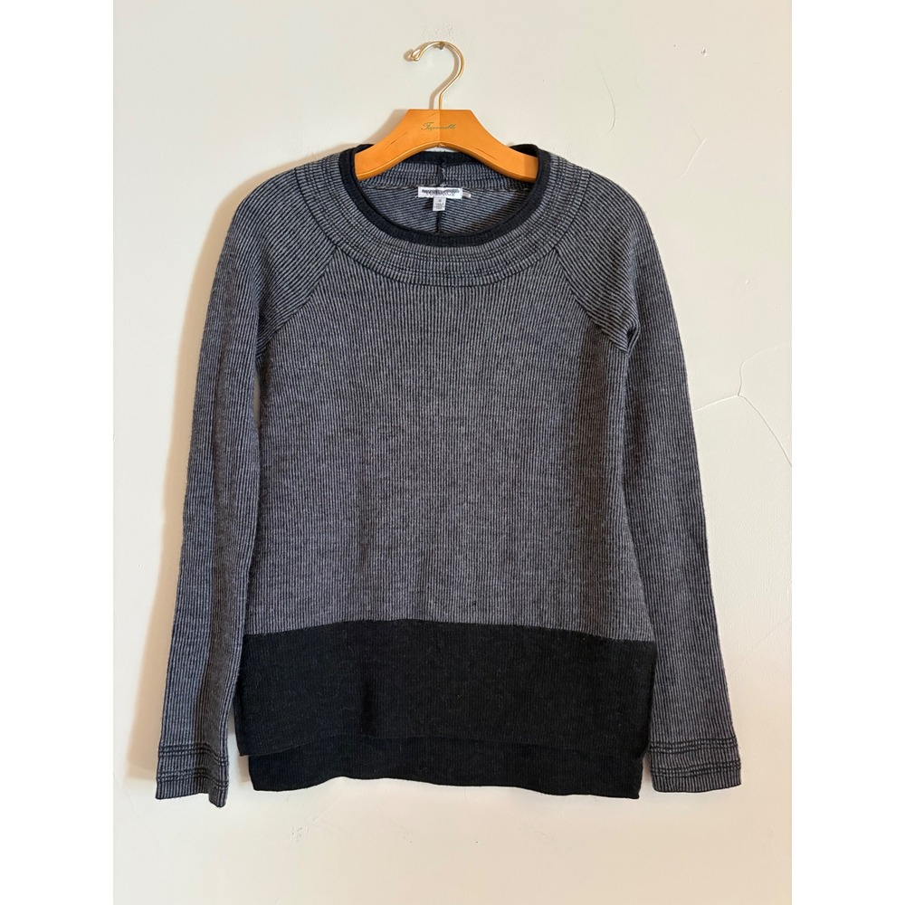 Toad&Co 100% Merino Wool Gray Black Striped Ribbed Knit Colorblock  Sweater S